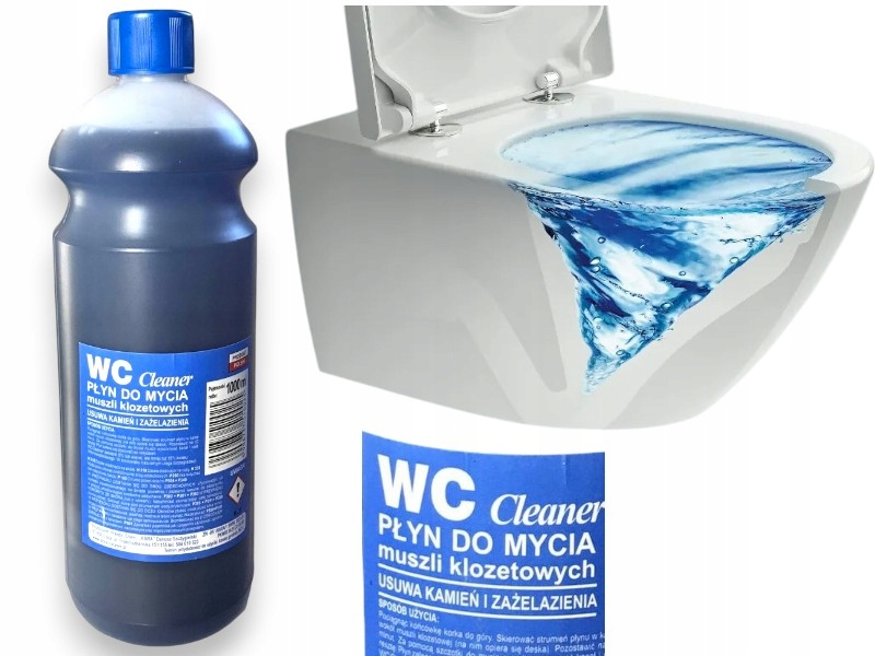 Płyn do WC CLEANER 1L obok muszli klozetowej z wodą niebieską i fragment etykiety.