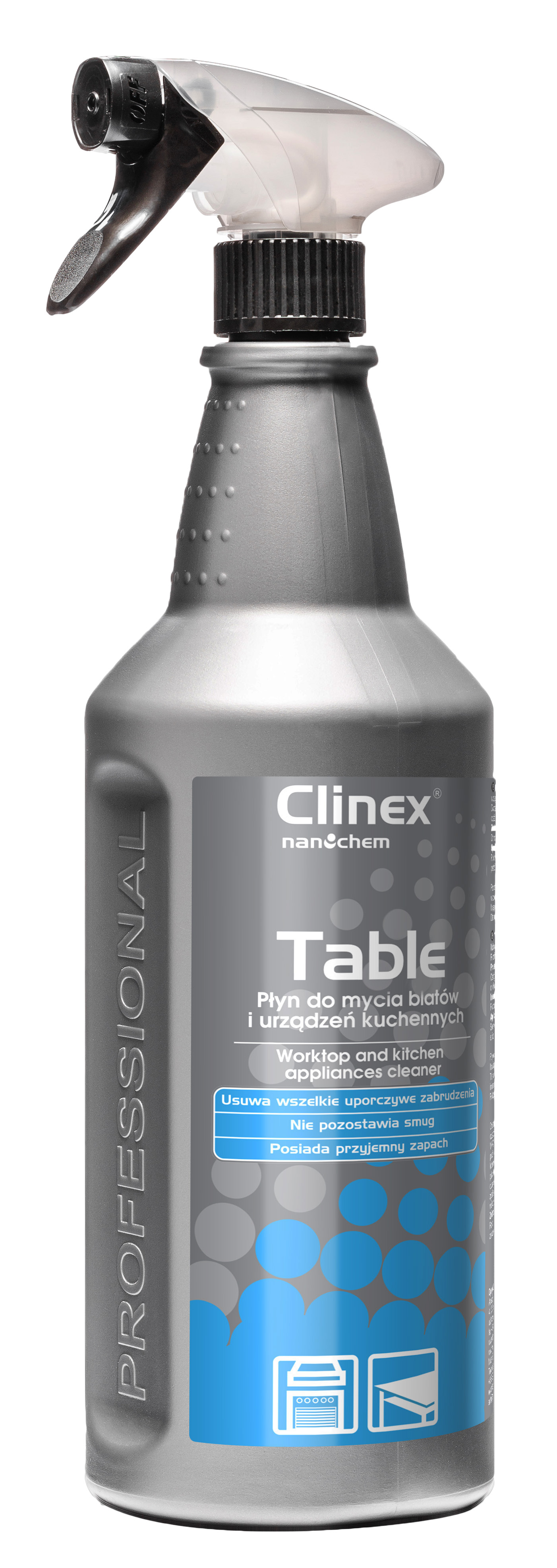 Płyn do mycia blatów Clinex Table 1L w butelce ze sprayem, uniwersalny czyszczący do kuchni.