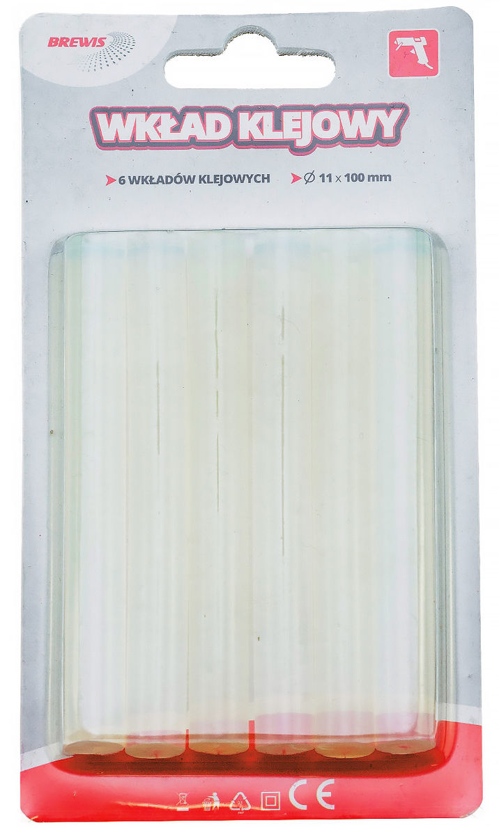Klej do pistoletu na gorąco 6sztWK11-(1-6) 11mm x 10cm TRANSPARENTNY Wkład klejowy do pistoletu na gorąco 11mm x 100mm transparentny, zestaw 6 sztuk marki Brewis