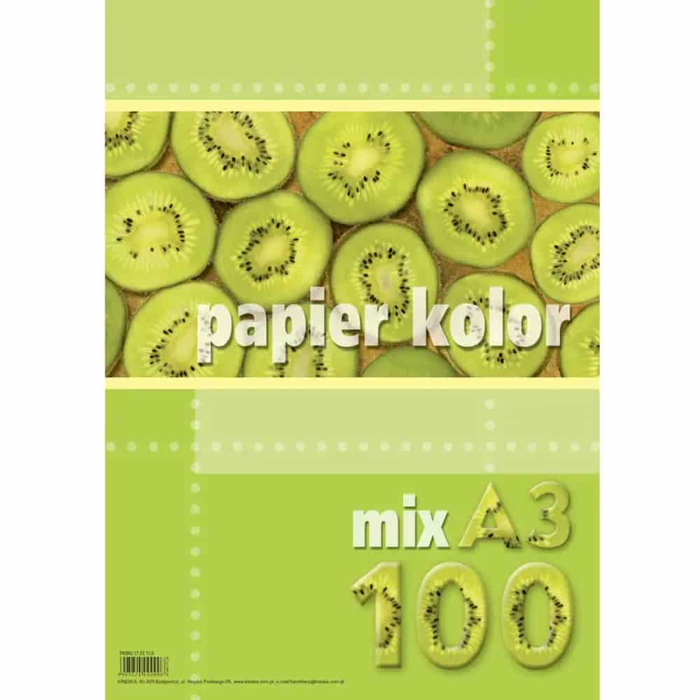 Papier Xero A3 kolor MIX 100 kart Papier Xero A3 kolor mix 100 arkuszy, żółte opakowanie ze zdjęciem kiwi.