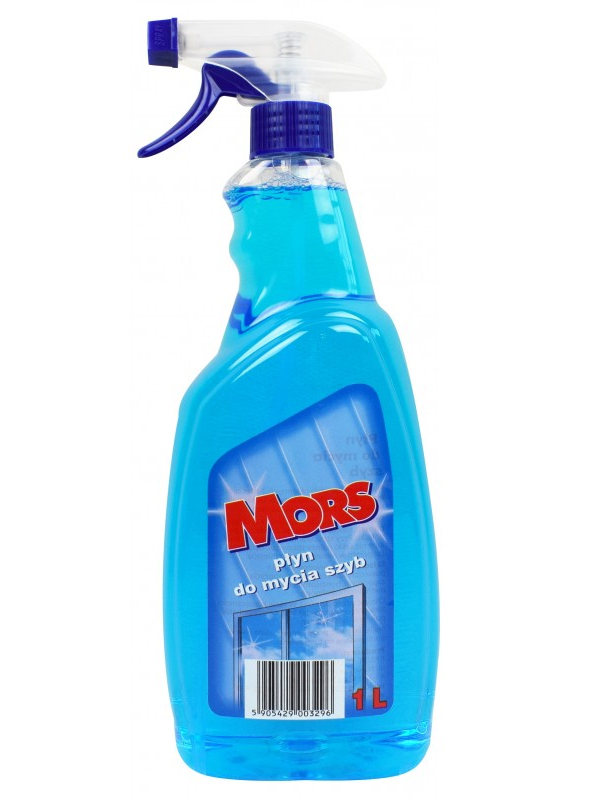 Płyn do mycia szyb MORS 1L w niebieskiej butelce z rozpylaczem