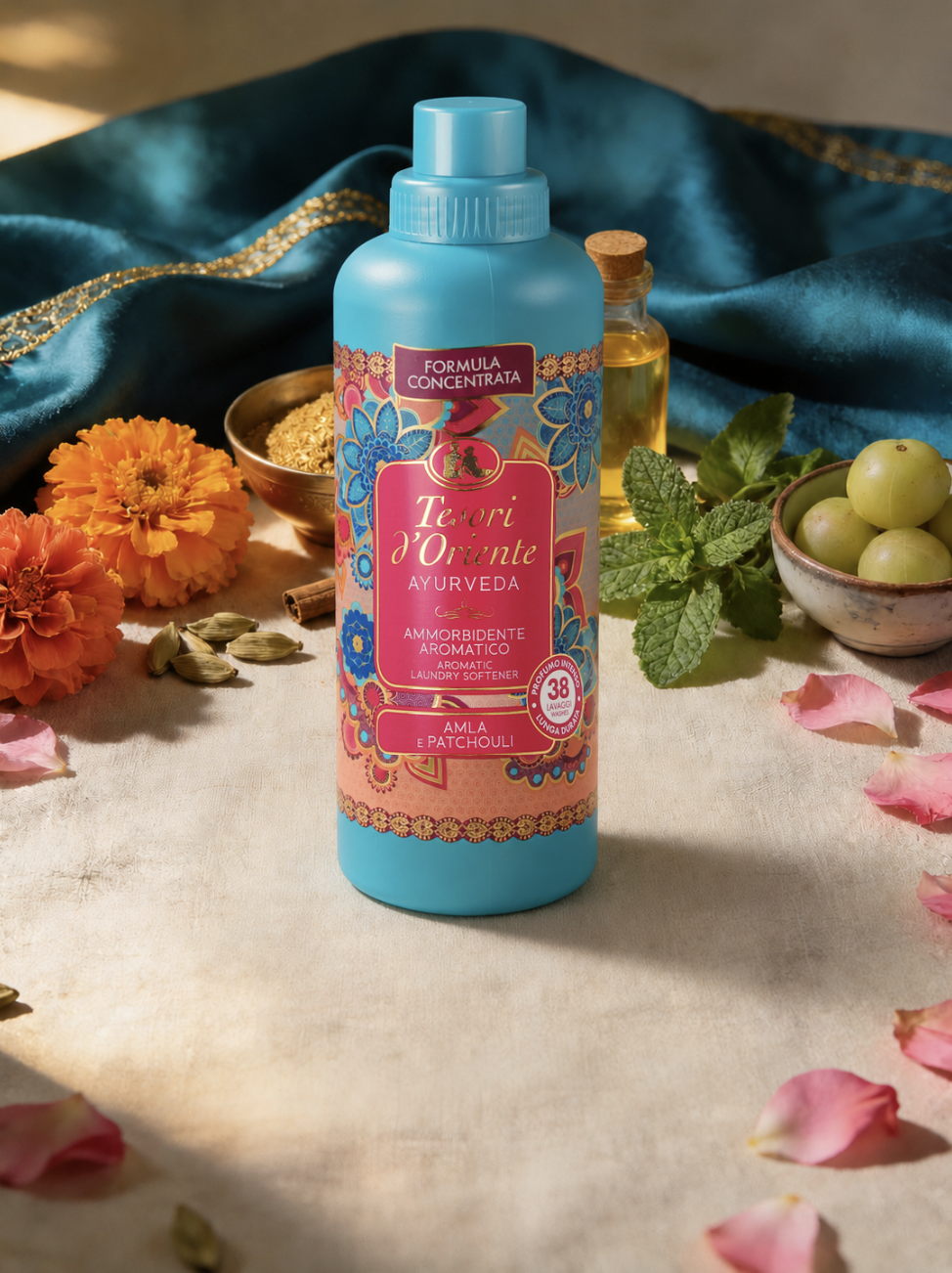 Płyn do płukania Tesori d'Oriente Ayurveda 760 ml na tle orientalnych dodatków: kwiatów, ziół, przypraw i jedwabiu.