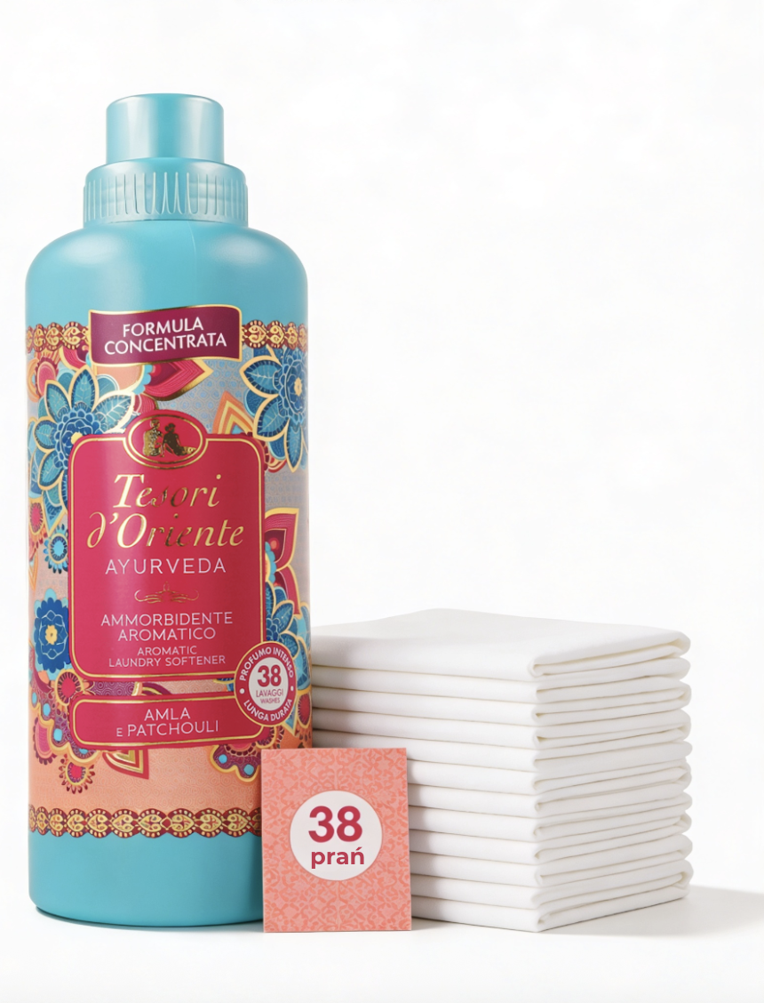 Płyn do płukania Tesori d'Oriente Ayurveda 760 ml z białymi pieluszkami i etykietą 38 prań na białym tle.
