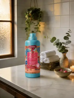 Płyn do płukania Tesori d'Oriente Ayurveda 760 ml na białym blacie w aranżacji łazienkowej z ręcznikami i roślinami.
