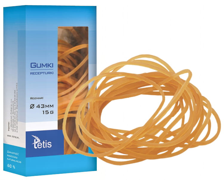 Gumki recepturki 43mm 15g TETIS w opakowaniu, kolor naturalny żółty