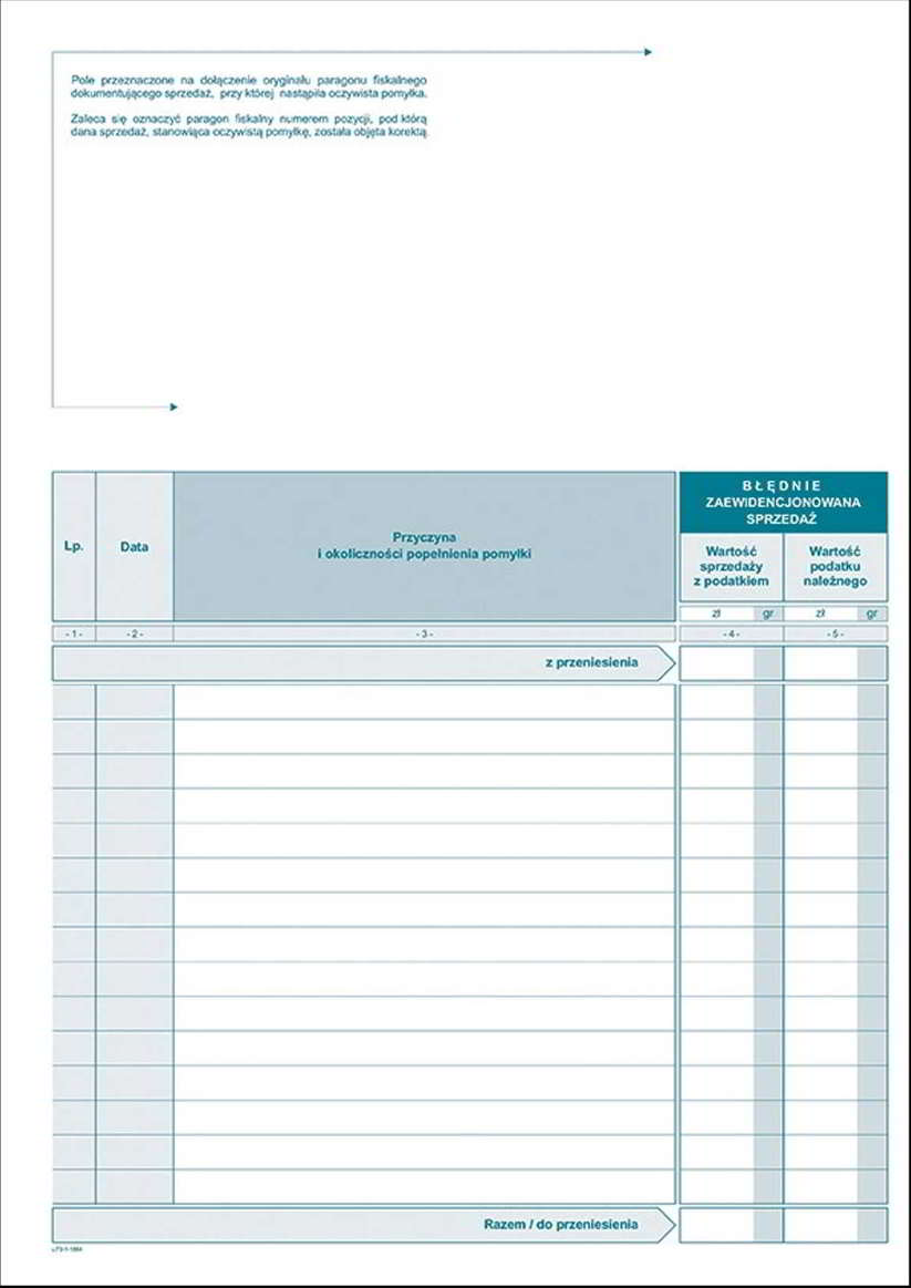 DR Ewid.(oczyw.) pomyłek z kasy rej.A4 Druki akcydensowe przeznaczone do wypełniania, wykorzystywane w czynnościach urzędowych, handlowych. Niezbędne w funkcjonowaniu firm, urzędów i innych jednostek zgodnie z obowiązującymi normami prawnymi.