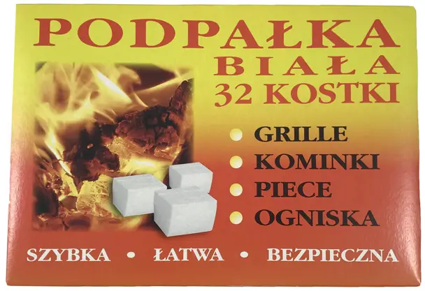Podpałka do grilla, w postaci białej tabliczki, podzielona na 32 kosteczki. Rozpałka przeznaczona do rozpalania pieca, kominka czy grilla. Charakteryzuje się wysoką jakością i dlugim czasem spalania. Łatwo się rozdziela na pojedyncze kostki oraz łatwo ...