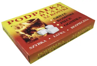 Podpałka do grilla, w postaci białej tabliczki, podzielona na 32 kosteczki. Rozpałka przeznaczona do rozpalania pieca, kominka czy grilla. Charakteryzuje się wysoką jakością i dlugim czasem spalania. Łatwo się rozdziela na pojedyncze kostki oraz łatwo ...