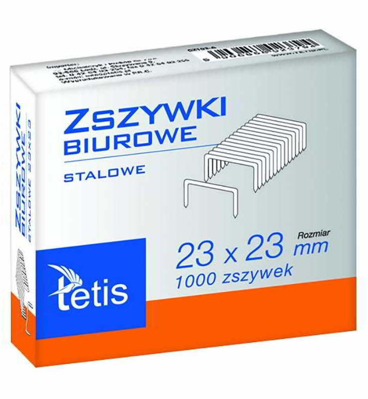 Zszywki biurowe TETIS 23/23 stalowe 1000 sztuk w opakowaniu pudełko białe niebiesko-pomarańczowe