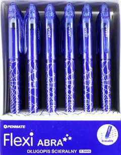 Długopis Ścieralny Flexi ABRAZWYKŁY NIEBIESKI Specjalna formuła atramentu umożliwia usuwanie wcześniej zapisanego tekstu i nanoszenie poprawek. Wymazywanie termiczne poprzez pocieranie gumką. Nowoczesny kształt. Linia pisania: 0,5mm.