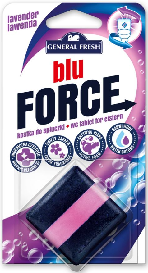 Kostka do spłuczki General Fresh Blu Force 50g o zapachu lawendy w opakowaniu, czarno-różowy blok zapachowy do WC