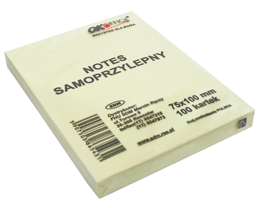 Kostka biurowa samoprzylepna 75 x 100 Kostka biurowa samoprzylepna 75x100 mm żółta 100 kartek marki Oko Office