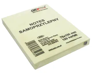 Kostka biurowa samoprzylepna, uniwersalne karteczki do zastosowania w pracy, szkole itd.  Rozmiar: (76x102mm). Gramatura: 63g. Warstwa z klejem wzdłuż dłużeszego boku.

