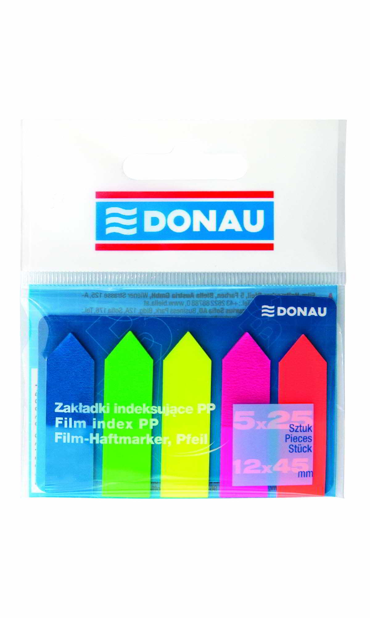Zakładki indeks. 5x25szt Strzałka Plast.nr 110 Zakładki indeksujące strzałka DONAU 5x25 sztuk w żywych kolorach