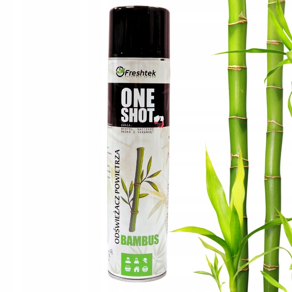Neutralizator Freshtek One Shot Bambus z bambusem dekoracyjnym w tle, ujęcie boczne.