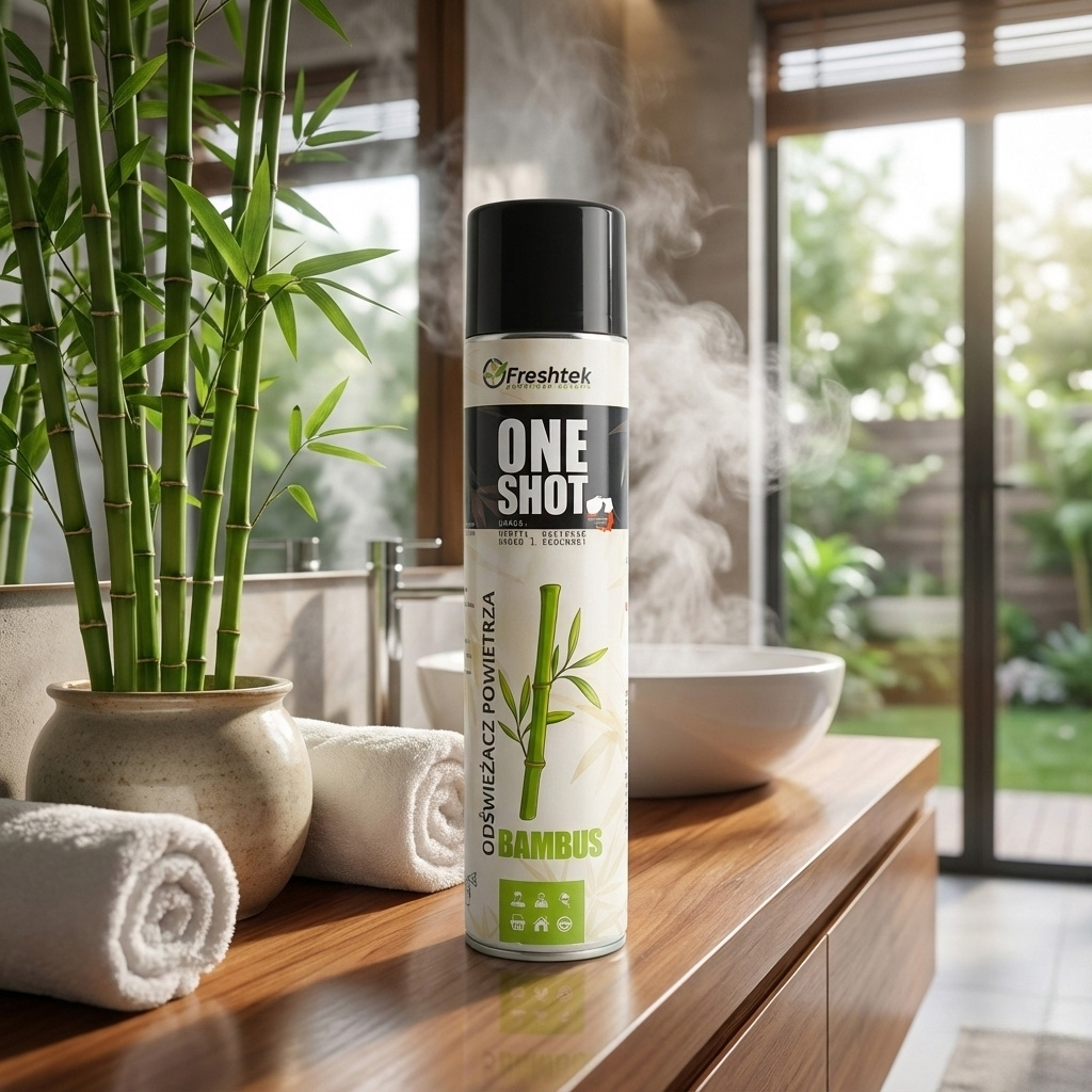 Neutralizator Freshtek One Shot Bambus w aranżacji łazienkowej z bambusem, ręcznikami i muszlą.