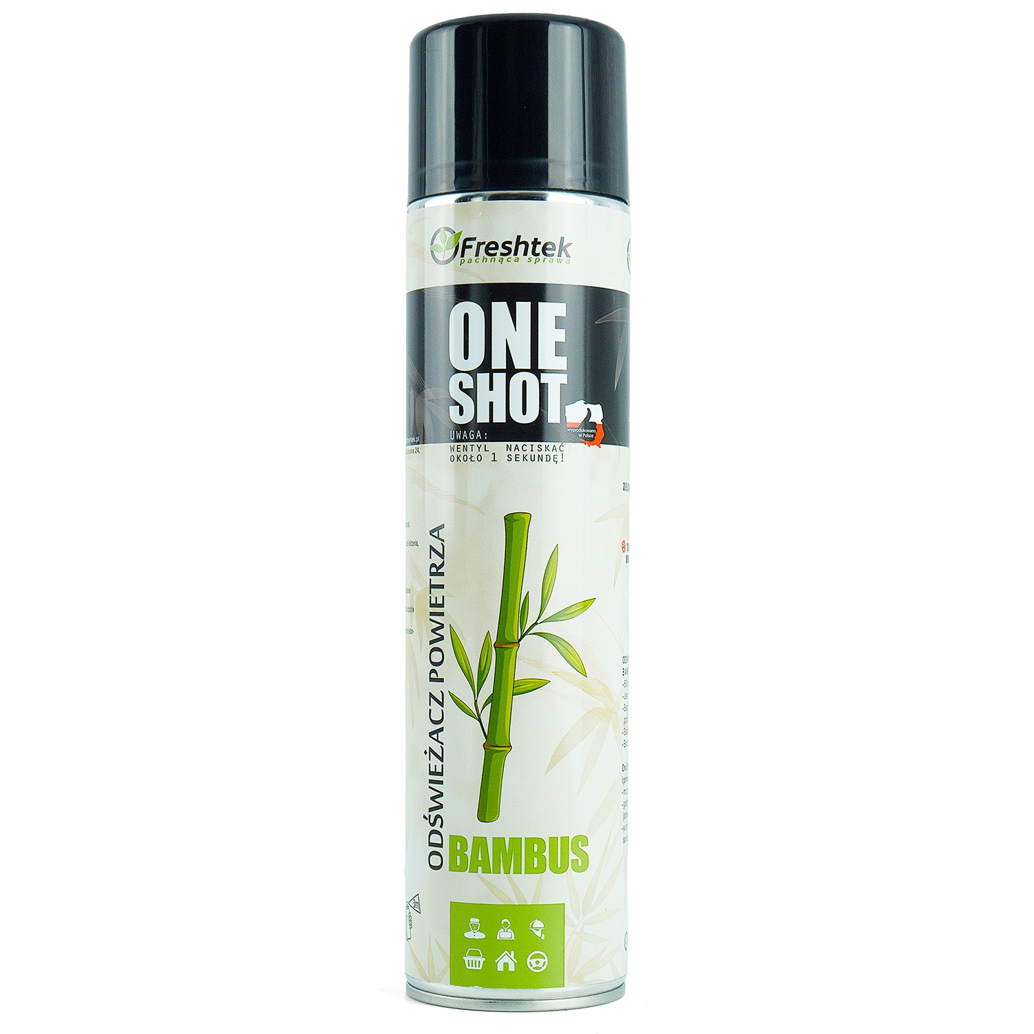 Neutralizator zapachów Freshtek One Shot Bambus 600ml na białym tle, widok frontalny opakowania.