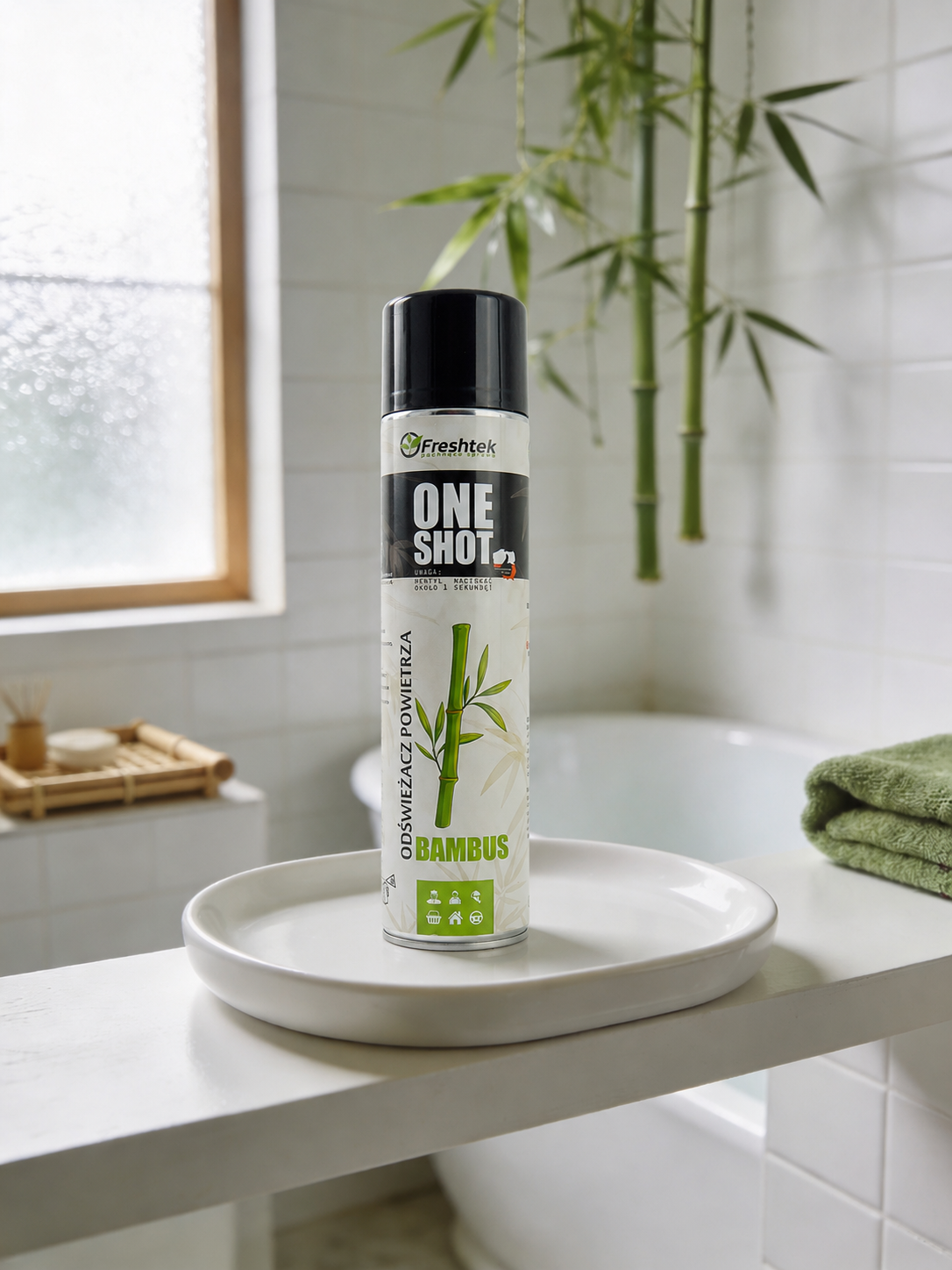 Neutralizator Freshtek One Shot Bambus na białej tacce w jasnym pomieszczeniu z liśćmi bambusa.