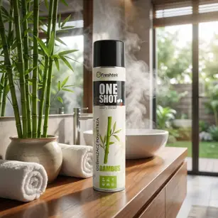 Neutralizator Freshtek One Shot Bambus w aranżacji łazienkowej z bambusem, ręcznikami i muszlą.