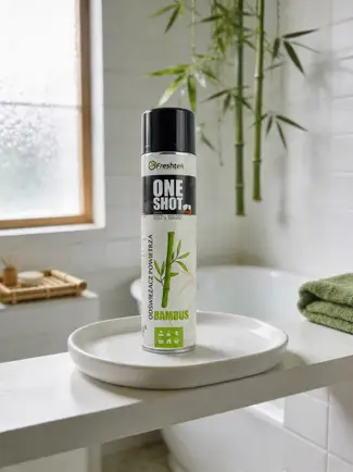 Neutralizator Freshtek One Shot Bambus na białej tacce w jasnym pomieszczeniu z liśćmi bambusa.