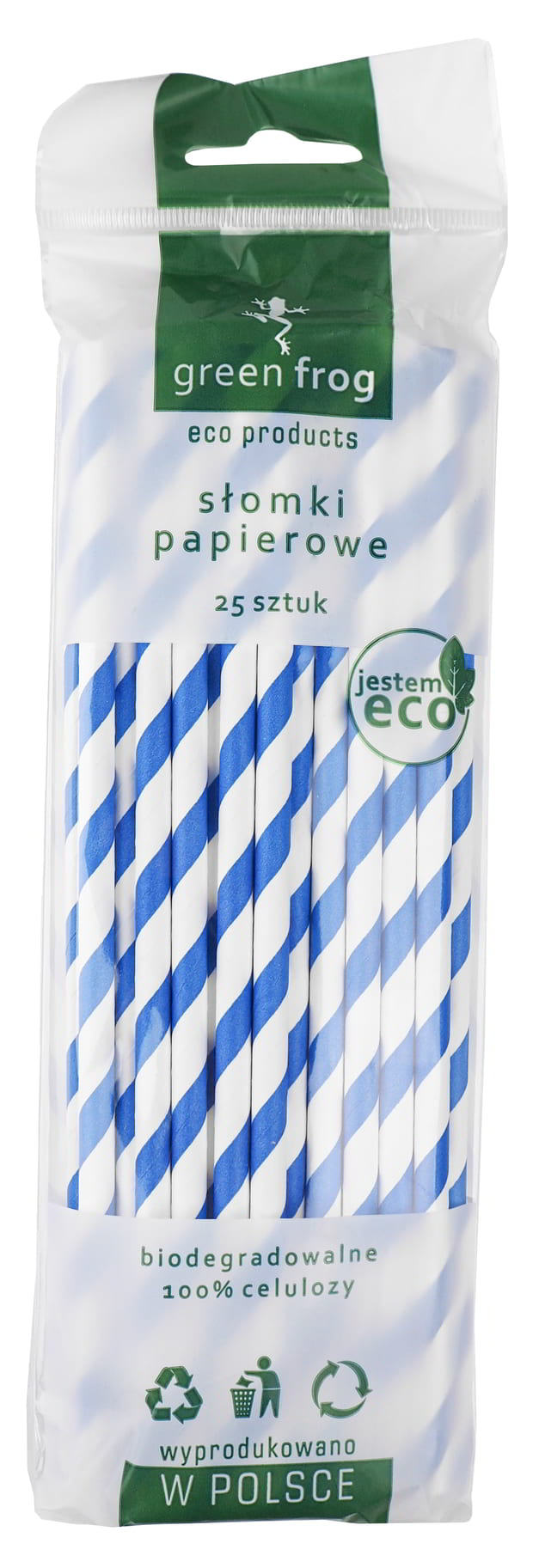Słomki papierowe fi-6mm 197mm w paski niebieskie i białe, opakowanie 25 sztuk, biodegradowalne.