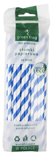 Słomki papierowe fi-6mm 197mm w paski niebieskie i białe, opakowanie 25 sztuk, biodegradowalne.