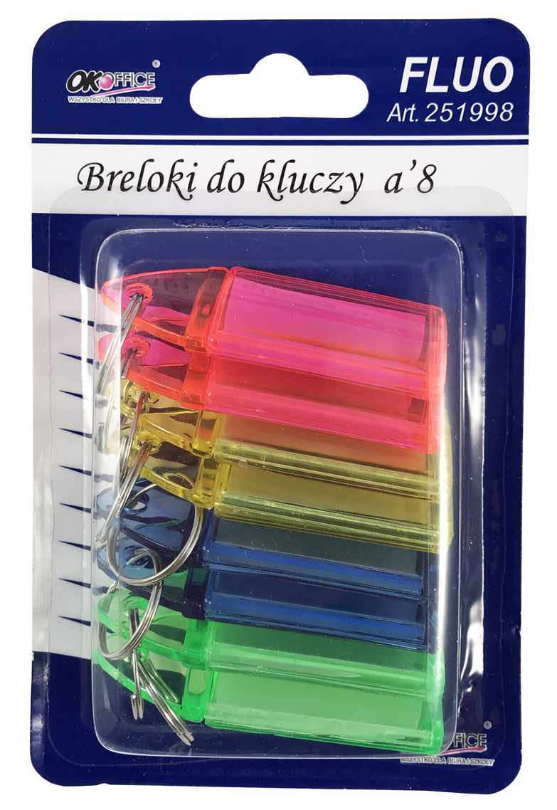 Brelok do kluczy z karteczką FLUOSDM Breloki do kluczy a'8 wykonane z kolorowego przeźroczystego plastiku z wymienną karteczką, zestaw 8 sztuk w kolorach różu, czerwonym, żółtym, niebieskim i zielonym.