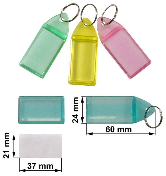 Klasyczny identyfikator, (brelok) na klucze wykonany z przeźroczystego plastiku z wymienną karteczką umieszczoną w środku. Karteczka widoczna jest z obu stron.