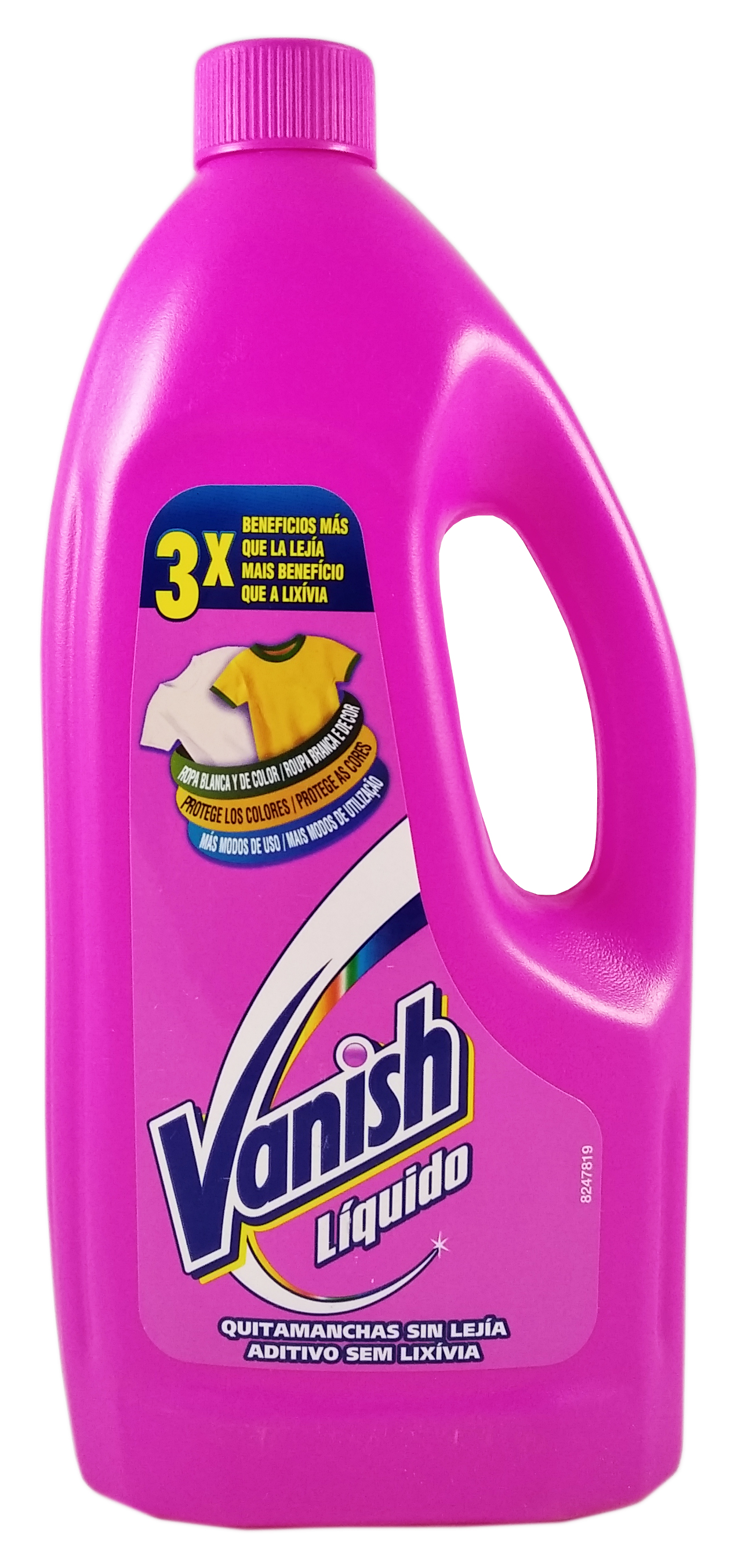 Vanish odplamiacz do tkanin Liquido 1L w różowym opakowaniu z nasadką do dozowania.