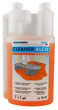 Płyn zapachowy Cleaner ALCO Orange 1L na bazie alkoholu w butelce z białą nakrętką i pomarańczową etykietą.