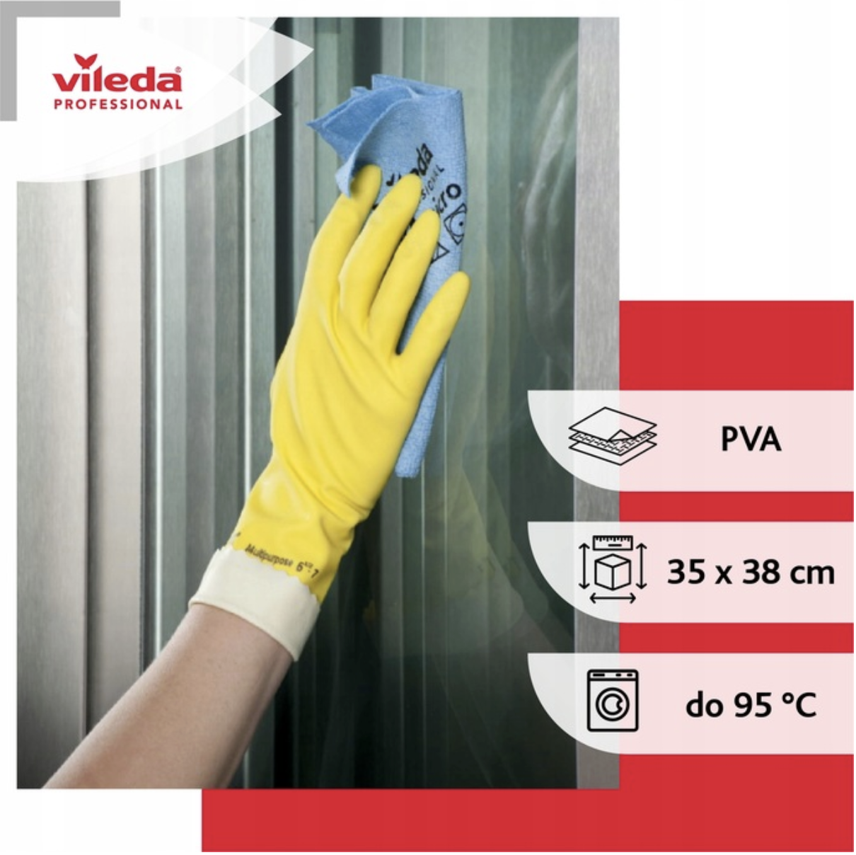 Ścierka Vileda PVA micro podczas czyszczenia okna z informacjami o wymiarach 35x38 cm i temperaturze prania do 95°C