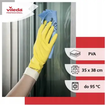 Ścierka Vileda PVA micro podczas czyszczenia okna z informacjami o wymiarach 35x38 cm i temperaturze prania do 95°C