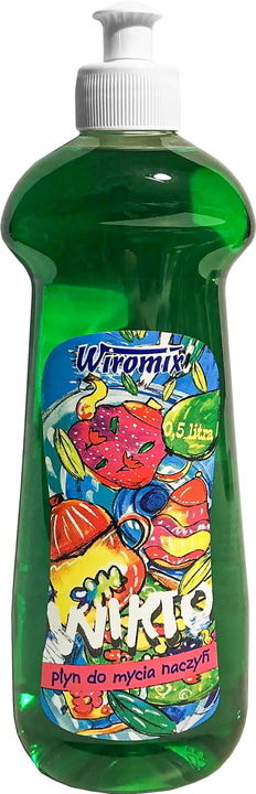 Płyn do naczyń WIKTO 0,5L w zielonej butelce z pompką, o zapachu cytrynowym.