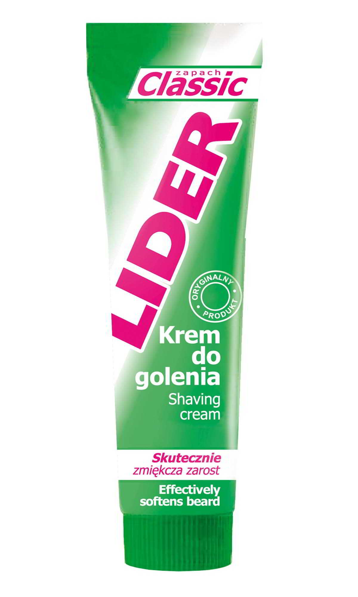 Krem do golenia Lider Classic 65g w zielonej tubie z różowym logo marki.