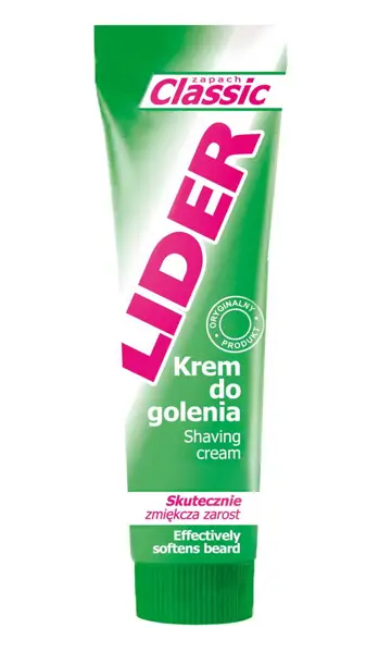 Krem do golenia Lider Classic 65g w zielonej tubie z różowym logo marki.