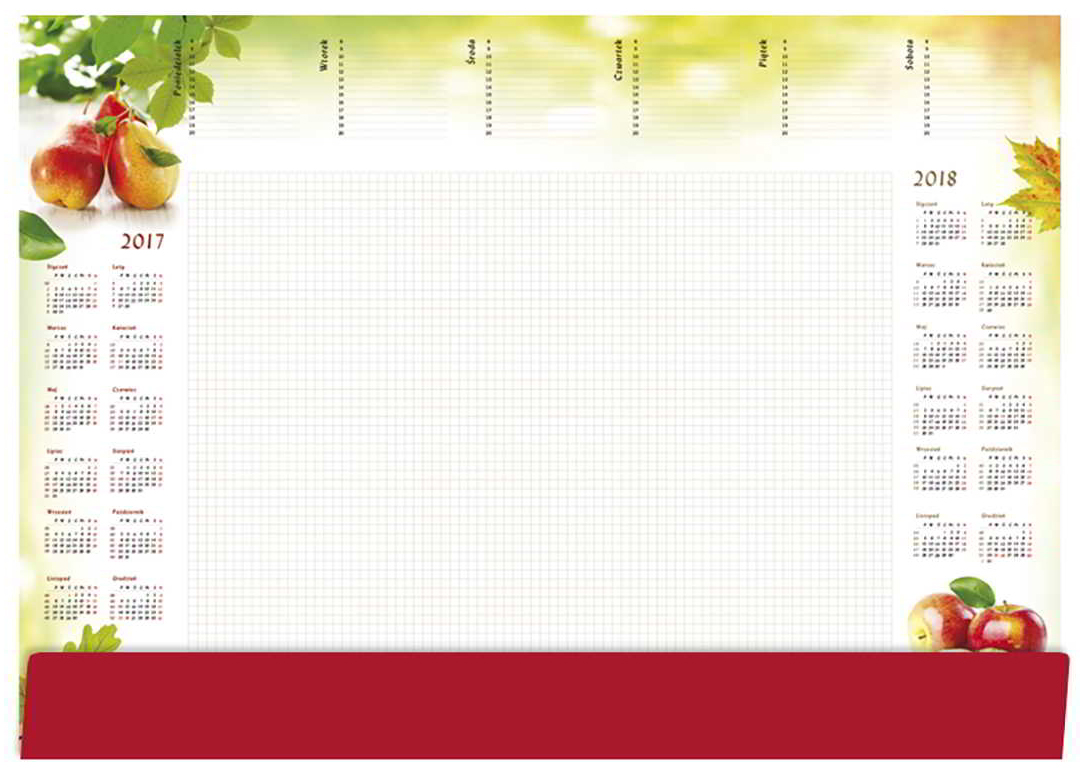 Podkład na biurko
   *podkład na biurko z planem zajęć, a także miejsce do sporządzania notatek,
   *wielkość: Kartka A2 (59,4 cm x 42,0 cm).