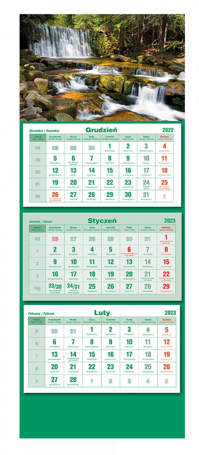 Terminarz trójdzielny
   *okienko przesuwane
   *nazwy miesięcy i tygodni w wersjach językowych
   *układ kalendarium: miesiąc, jedna kartka.