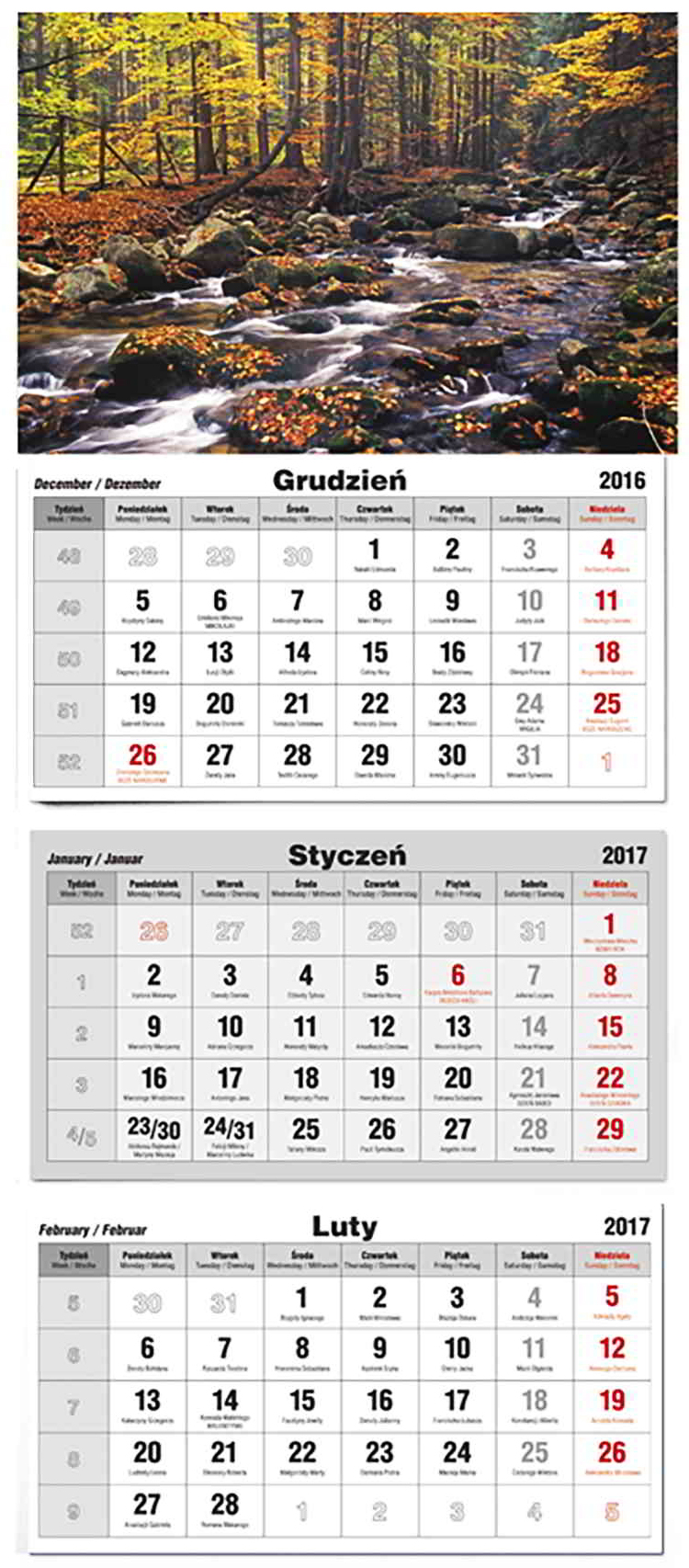 Terminarz trójdzielny
   *okienko przesuwane
   *nazwy miesięcy i tygodni w wersjach językowych
   *układ kalendarium: miesiąc, jedna kartka.