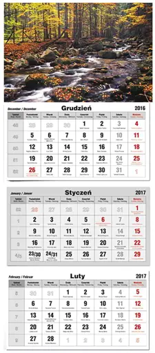 Kalendarz ścienny trójdzielnyT-105T Kalendarz ścienny trójdzielny z widokami przyrody, layout miesiąc na kartce, nazwy dni tygodnia w języku polskim.