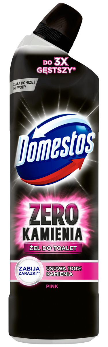 Domestos Zero Pink 750 ml - czarny żel do toalety do usuwania kamienia, o 3 razy gęstszej formule, na białym tle.