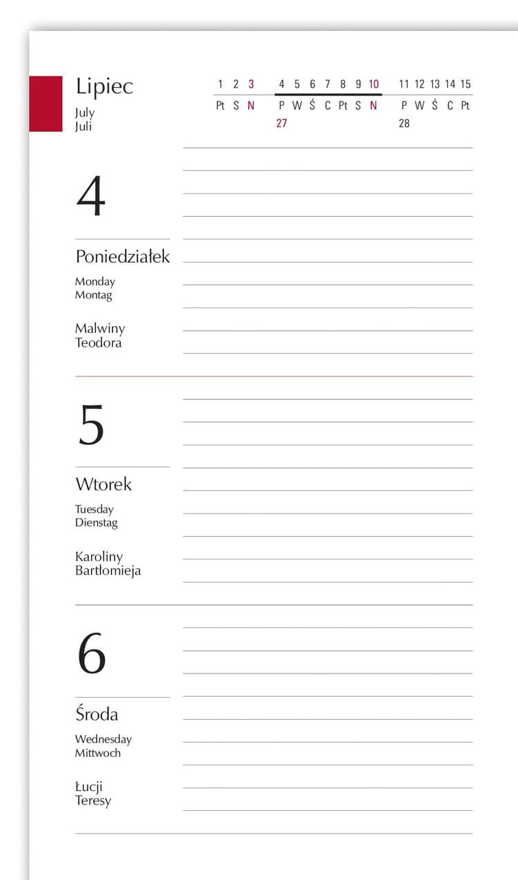 Kalendarz terminarz koliber
   *format: 75x130mm,
   *układ stron: 1 tydzień - 2 strony,
   *ilość stron: 128, oprawa twarda,
   *okładka barwna foliowana,
   *jedna tasiemka.