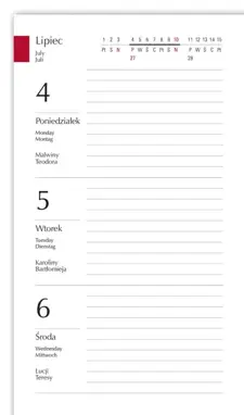 Kalendarz terminarz koliber
   *format: 75x130mm,
   *układ stron: 1 tydzień - 2 strony,
   *ilość stron: 128, oprawa twarda,
   *okładka barwna foliowana,
   *jedna tasiemka.