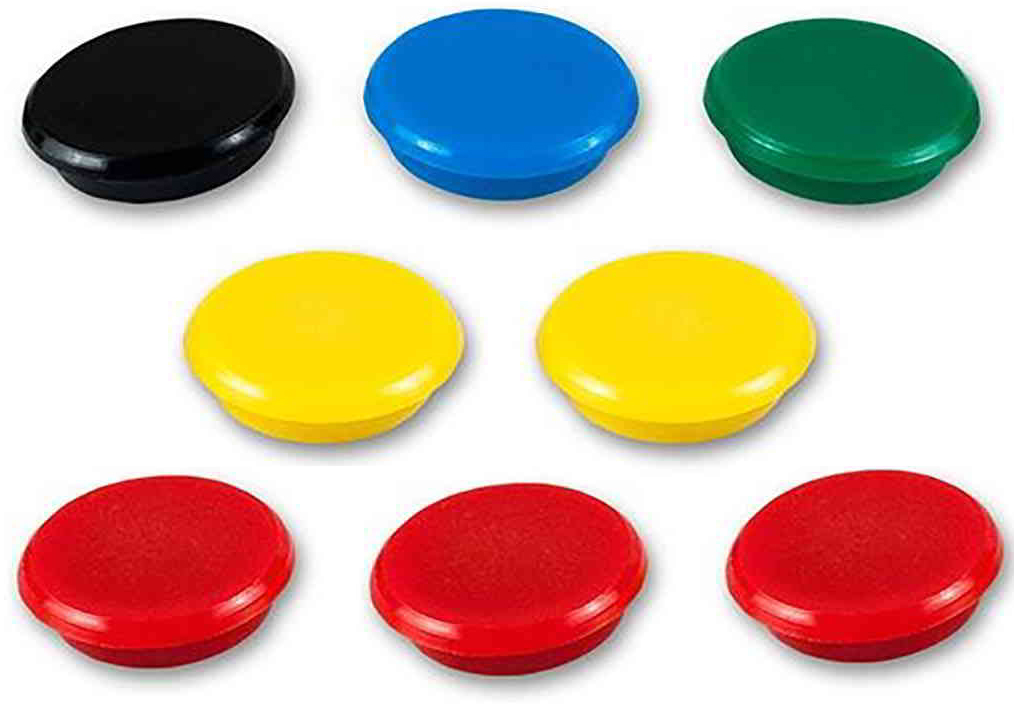 Magnesy do tablic 20mm, zestaw 6 sztuk w kolorach czarnym, niebieskim, zielonym, żółtym i czerwonym