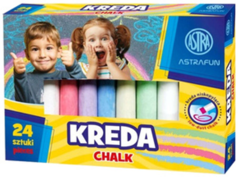 Kreda tablicowa ASTRA Fun 24 sztuki w kolorach: biały, różowy, jasnoróżowy, niebieski, żółty, zielony i pastele.