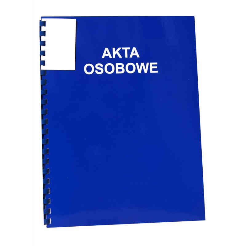 Teczka akt osobowych bindowana zewnętrznie, niebieska z metalowymi wąsami skoroszytowymi i białym polem na okładce.