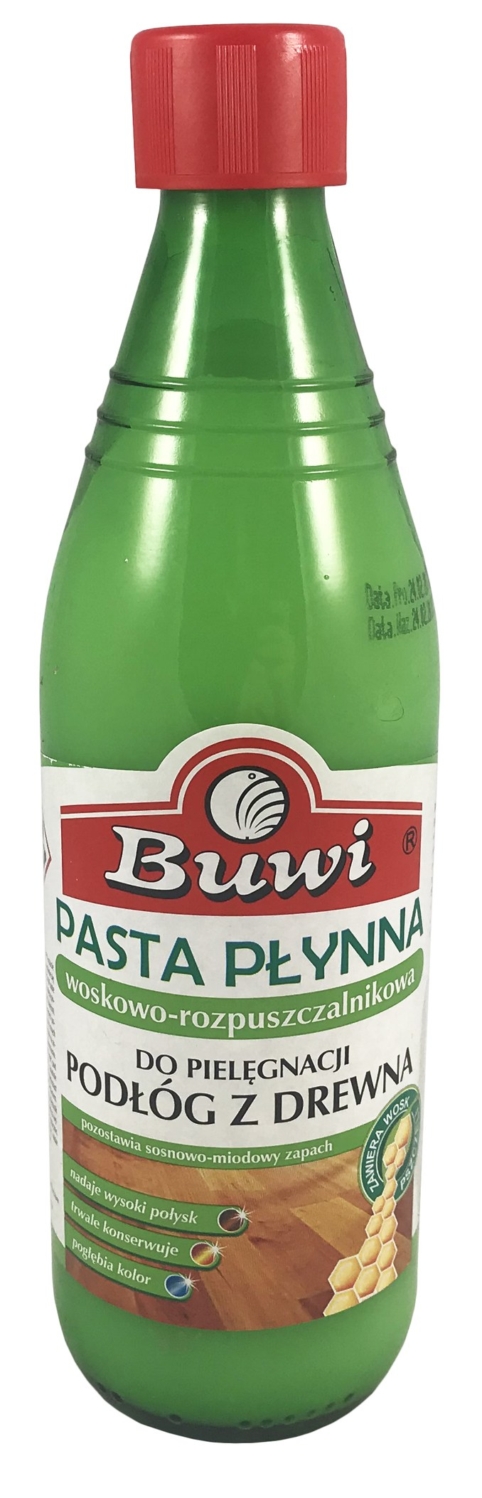 BUWI Pasta płynna do podłóg drewnianych 440ml w zielonej butelce z czerwoną nakrętką.