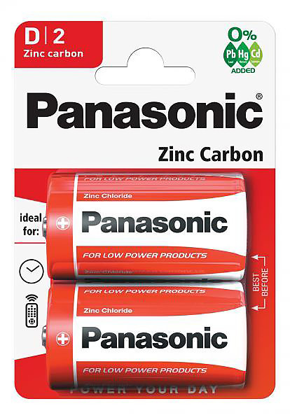 Bateria Panasonic R20 D Są to uniwersalne baterie do skutecznego zasilania urządzeń używanych codziennie. Pakowane po 2 szt w blistrze. Cynkowo - węglowe baterie Panasonic zostały zaprojektowane z myślą o produktach nie wymagających dużego poboru energii.