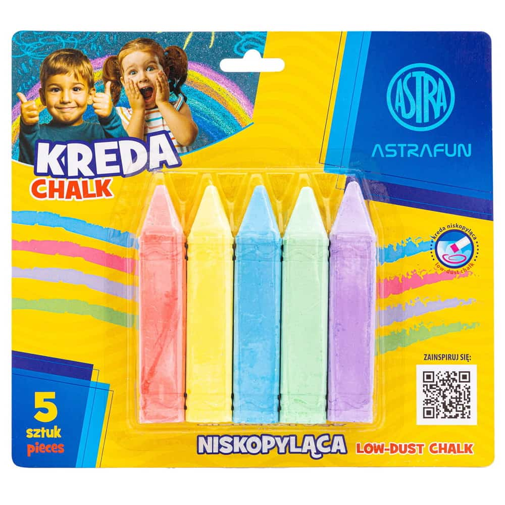 Kreda kwadratowa ASTRA FUN 5 sztuk niskopyłająca w kolorach różowym, żółtym, niebieskim, zielonym i fioletowym.