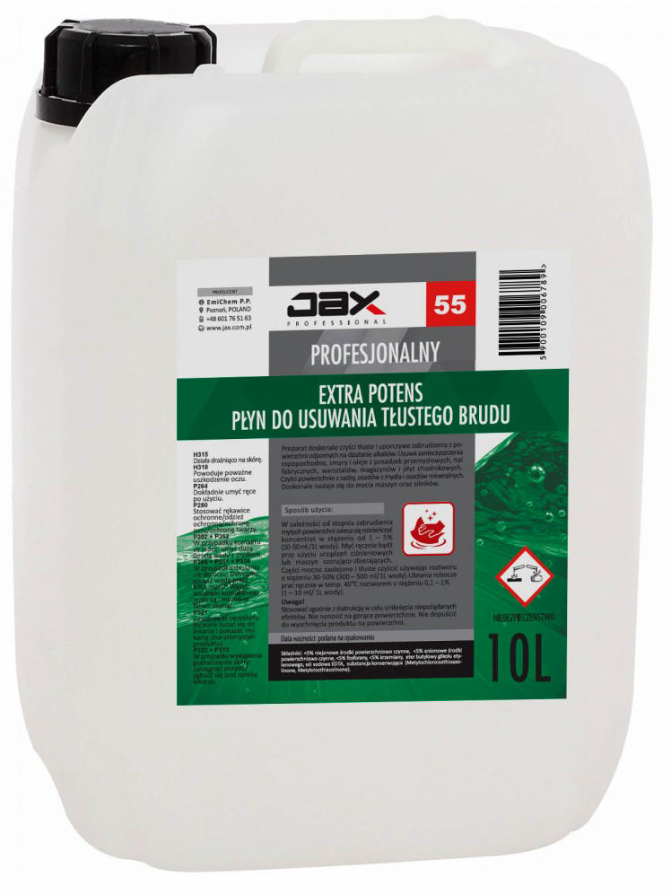 JAX Extra Potens Płyn na tłuszcze 10 L do usuwania tłustego brudu smary, oleje Preparat usuwa zanieczyszczenia ropopochodne, smary, oleje, sadzę, osady z mydła oraz osady mineralne, nie niszcząc przy tym mytych powierzchni. Preparat świetnie nadaje się także do mycia maszyn oraz silników. Środek doskonale czyści wszelkie tłuste i...