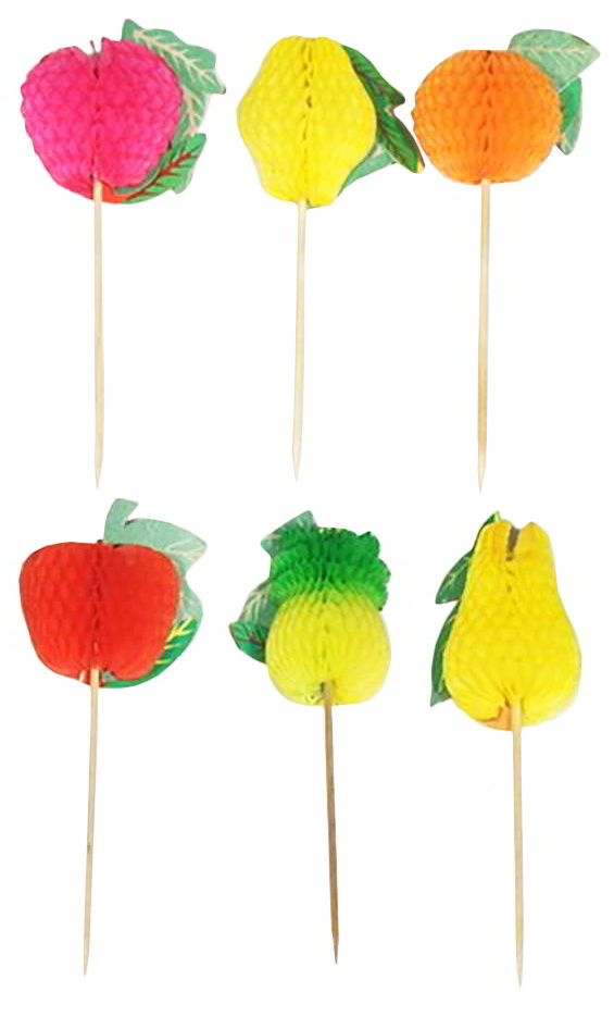 Ozdoby do deserów Owoce 15cm 100szt Ozdoby do deserów wykonane z papieru, długość wykałaczki: 15cm. Wykałaczka zakończona na ostro. Długość ozdoby: 15cm. Opakowanie zawiera: 100 szt.